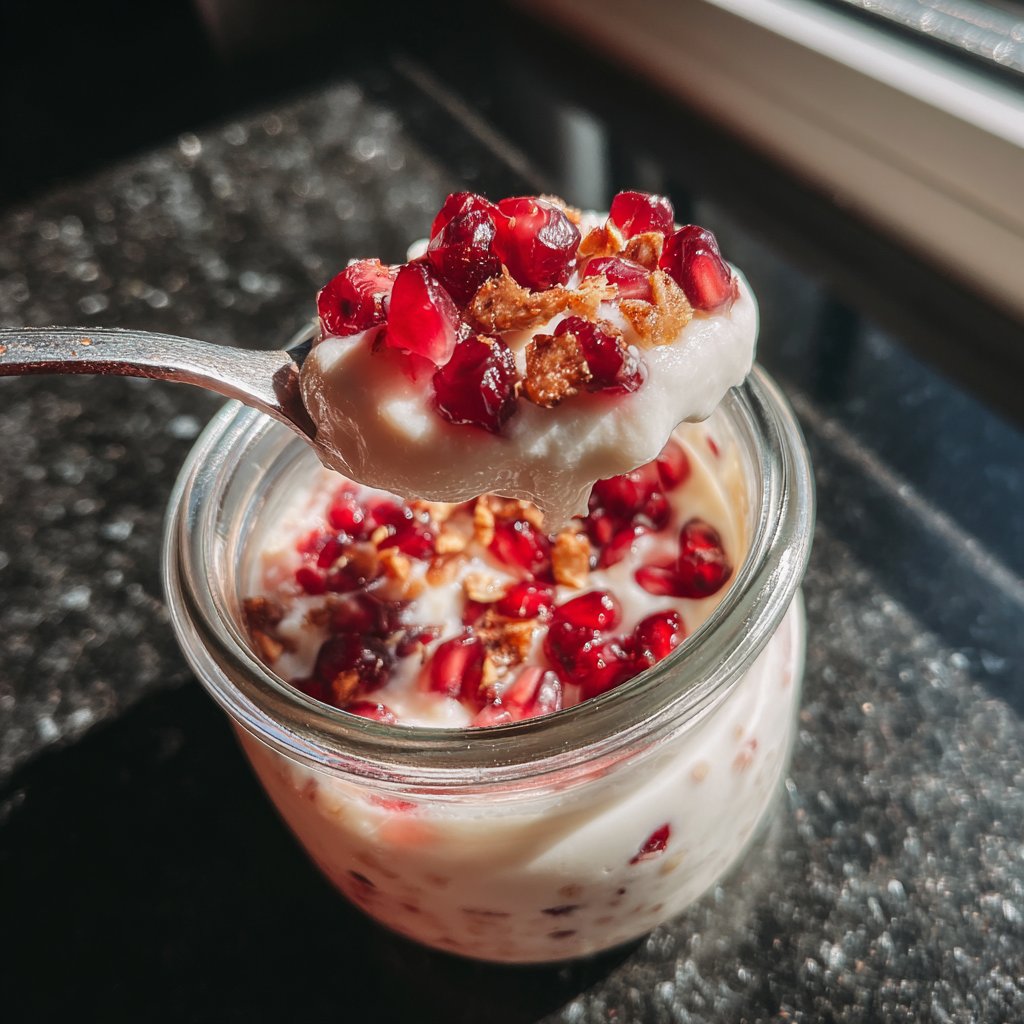Frühstück im Glas mit Joghurt und Granatapfel