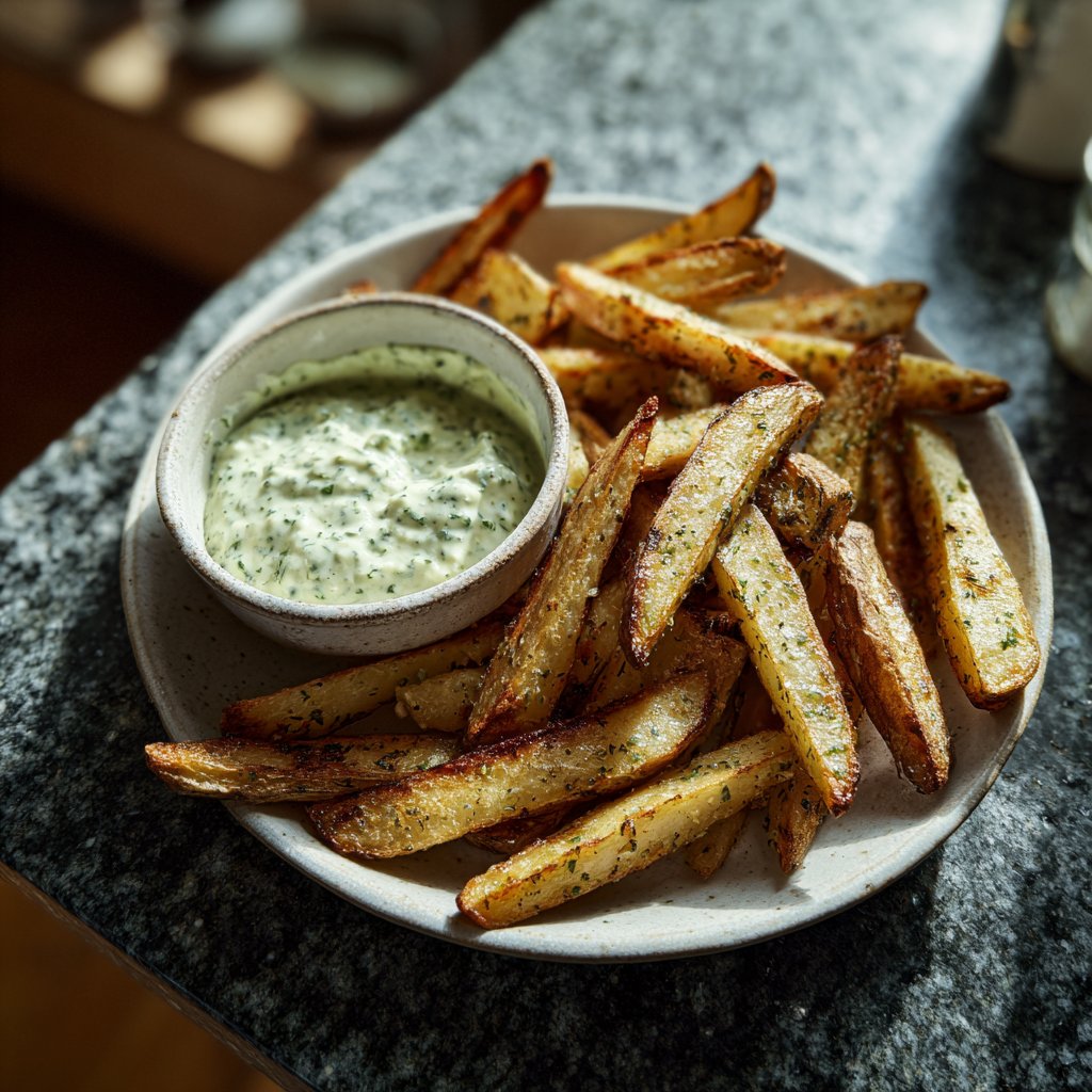 Abendessen mit Ofenkartoffeln und Dip